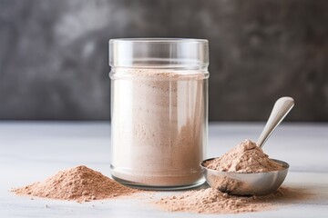 Poster - protein powder in a clear glass jar with scoop