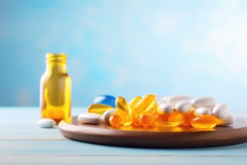 Poster - vitamin d supplements on white table in front of blue backdrop