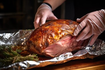 Wall Mural - hand wrapping an oak-smoked lamb shoulder in aluminum foil