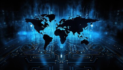 Poster - Map of the planet. World map. Global social network. Future. Blue futuristic background with planet Earth. Internet and technology. Geometric background of floating blue plexus.