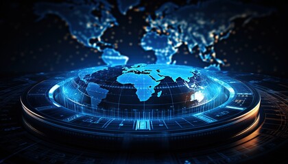 Poster - Map of the planet. World map. Global social network. Future. Blue futuristic background with planet Earth. Internet and technology. Geometric background of floating blue plexus.