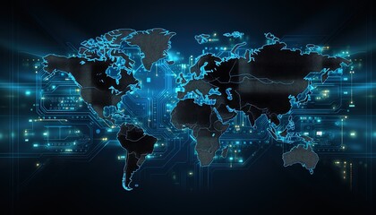 Poster - Map of the planet. World map. Global social network. Future. Blue futuristic background with planet Earth. Internet and technology. Geometric background of floating blue plexus.