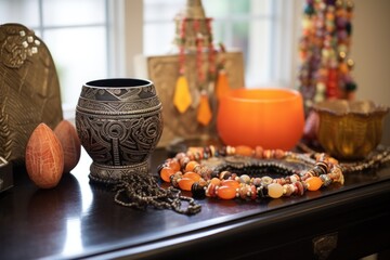 Wall Mural - traditional african jewelry displayed on a side table