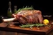 cooked lamb joint garnished with sprigs of rosemary and garlic