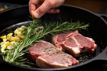 Poster - hand adding fresh rosemary and garlic to a lamb steak in a pan