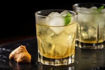 Wall Mural - freshly poured ginger ale with bubbles and ice cubes