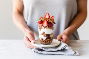 Sticker - holding a greek yogurt parfait on a white marble counter with the other hand holding a spoon