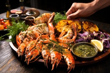 Wall Mural - hand seasoning grilled seafood platter with herbs