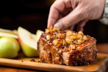 Canvas Print - close-up of a hand holding pork chop glazed with apple sauce