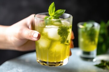 Sticker - hand holding a glass filled with iced green tea