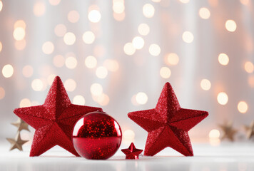 Poster - Red Christmas ornaments with bokeh effect in the background