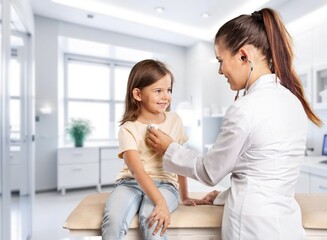 Poster - Pediatrician doctor examining cute child in clinic, AI generated image