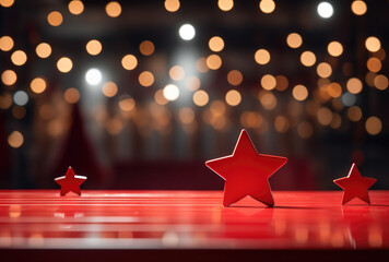Poster - Christmas star ornaments on table with bokeh effect background