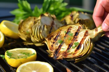 Sticker - hand dropping lemon slices onto grilled artichokes