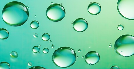 Macro oil drop floating on water surface. Abstract green water bubbles background. Cosmetic liquid beauty product. Colorful artistic backdrop