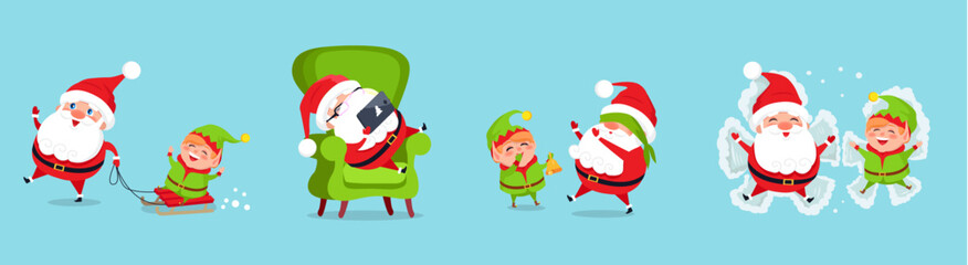 Santa Claus big Christmas and New Year set. Set of funny cartoon Santa with different emotions and situations. Happy old man funny play. Santa with elf. Christmas scenes for your festive design