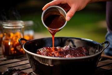 Wall Mural - hand pouring homemade bbq sauce into a bowl near grill
