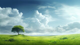 Fototapeta Natura - Natural background of a portrait of green grass and blue cloudy sky background