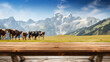  Empty table top rustic rural village with cows on the background. Product placement montage display mockup.