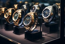 Luxury watches in a jewelry store display. Generative AI