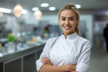 Portrait of beautiful young female chef in professional uniform standing in restaurant