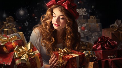 Wall Mural - Happy little cute young woman with Christmas gift, AI generated