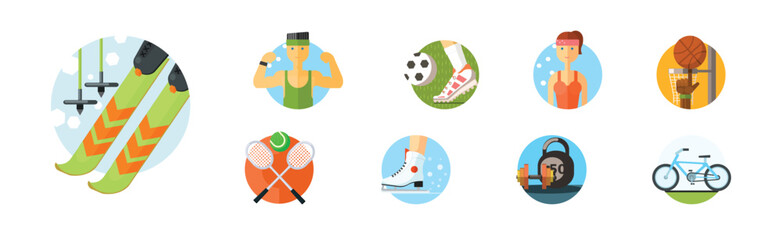 Wall Mural - Sport Activity and Training Icon in Round Shape Vector Set