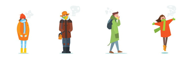 Sticker - People Characters in Warm Winter Clothes Walking Outdoor in Cold Season Vector Set