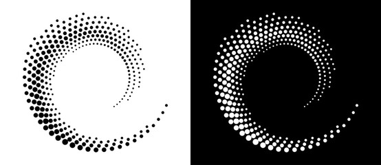 Poster - Modern abstract background. Halftone dots in circle form. Round logo. Vector dotted frame. Design element or icon. Black shape on a white background and the same white shape on the black side.