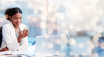 Aufkleber - Business woman, laptop and smartphone at desk with agenda or calendar, social media and communication. African financial advisor using phone for research, banner with bokeh on mockup space and email