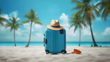Fototapeta  - Blue Travel suitcase and hat on topical beach