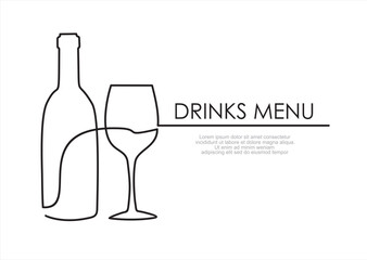 Wall Mural - Continuous line one drawing of wine bottle with wineglass. Vector illustration. Drinks menu