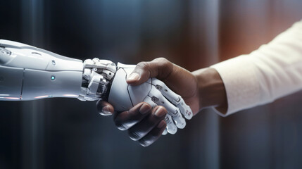 Wall Mural - Handshake between human and robot in a research lab, working together for success - Concept about tech innovation, machine learning progress and partnership with future Artificial General Intelligence