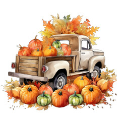 fall vintage old truck, loaded up with pumpkins in the back