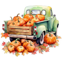 Fall Vintage Old Truck, Loaded Up With Pumpkins In The Back