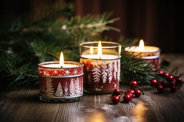 Canvas Print - homemade tin can candles with pine motifs