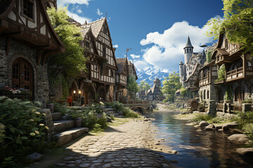 Medieval village background environment for computer mobile game generative AI picture