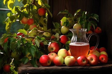 fresh apples on tree branches with a pitcher of cider