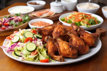 Canvas Print - fried chicken wings spread over a bed of vegetable salad