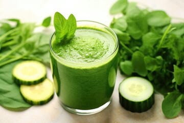 Poster - a high angle shot of green juice surrounded by cucumbers