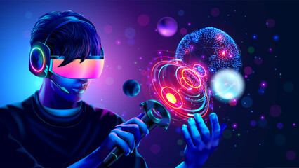 Aufkleber - Man in VR headset or 3d glasses of virtual reality looks and interacts with holographic interface of VR or AR simulation. Guy playing in computer video games in VR space with controller in hand.