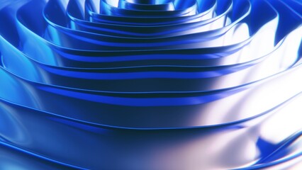 Fototapete - 4K computer graphics metal chrometype bright blue gradient 3D waves illustration. Bright wallpaper