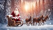 Santa Claus riding on  deer sleigh with snow forest background
