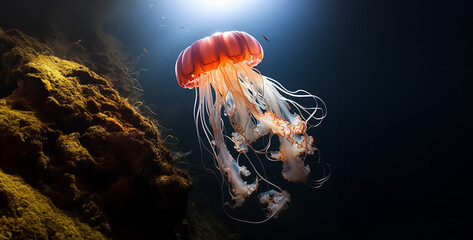 Poster - jelly fish in the sea, an elaborate dressed jellyfish floating in th