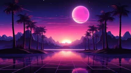 Wall Mural - cool retrowave or synthwave style poster wallpaper background, night grid poster