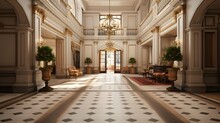 Luxury Hotel Hall With Large Windows And Marble Floor, Panorama