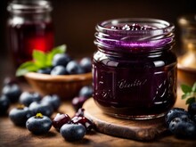 Blueberry Jam In A Jar, Made Of Fresh Fruit, Delicious, Macro Photography