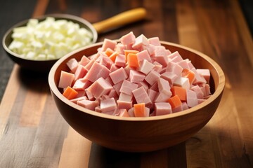 Poster - dice-cut ham from leftover meal in a bowl