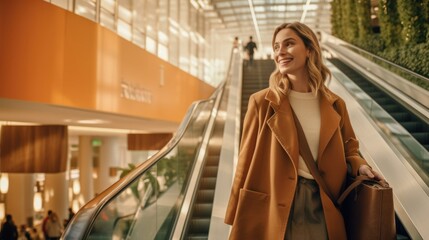 Wall Mural - Young woman going up escalator in mall, shopping day, advertisement conceptual