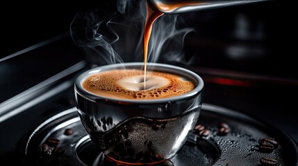 Wall Mural - steaming cup of coffee being poured into a clear glass, a mesmerizing swirl of rich brown liquid